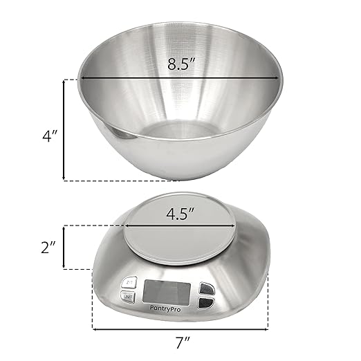 Stainless Steel Digital Kitchen Scale w. Bowl - for Food Coffee Lab - LCD Display gram Ounces lb:oz lb ml - 12 LBS/5.5 KG Capacity - Battery Included - Silver by The Display Guys