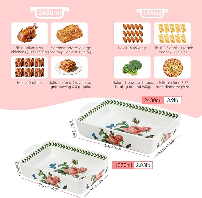 ACMLIFE Ceramic Casserole Dish for Oven, Floral Baking Dishes for Oven Lasagna Pan, Large Baking Dish with Handles, Durable and Oven Safe Pan, for Roasting and Baking, Gift Packaging 2 Pcs Set(13"x8"+10.3"x6.3") (Rose)