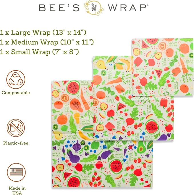 Bee's Wrap Beeswax Wraps for Food - Garden Party 3 Pack (S, M, L) Made in USA Reusable & Organic Food Wraps, Sandwich Wrap & Bowl Covers - Eco-Friendly Alternative to Aluminum Foil & Plastic Wrap