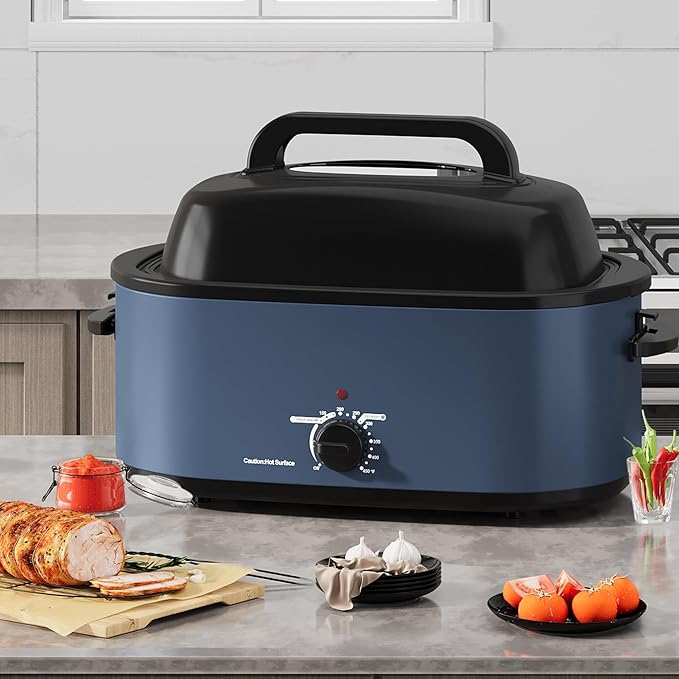 SUNVIVIPRO Roaster Oven 28 Quart, Electric Turkey Roaster with Self-Basting Lid, Removable Pan & Rack, Variable Temp Control, Stainless Steel, Blue