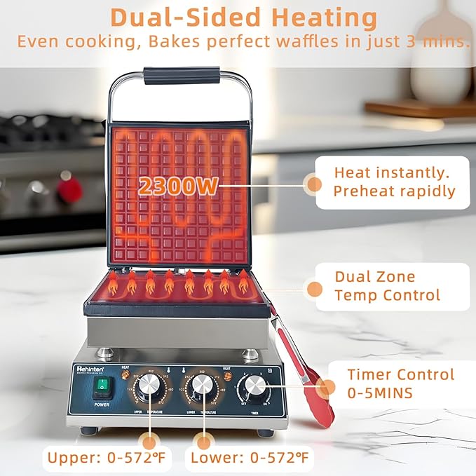 Hehinton® Commercial Belgian Waffle Maker, 110V 2300W Electric Waffle Maker Dual Temperature Control,11.4"x11.4" Cooking Area, Waffle Iron with Nonstick Plates for Food Trucks, Cafes & Home Use