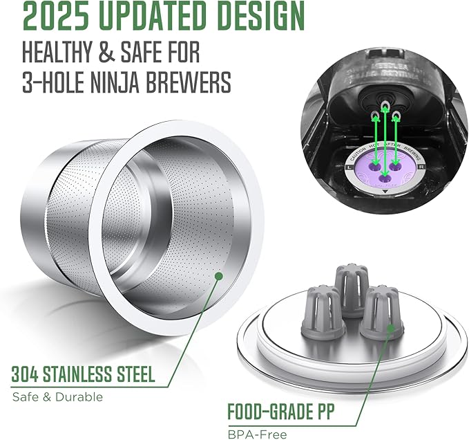 Ninja Reusable Coffee Pod: VIVI SKY Upgraded Stainless Steel Refillable Ninja K Cups - 3 Holes Coffee Filters For Ninja Coffee Maker CFP201 CFP301 CFP305 CFP307 CFP400 CFP300 (4 Pack)