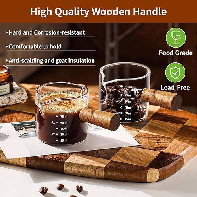 YARRAMATE 3oz Espresso Cups with Wood Handle (2 pack), Clear Glass Espresso Accessories, Double Spout Glass Measuring Cup with Dual Scale, Espresso Shot with V-Shaped Spout