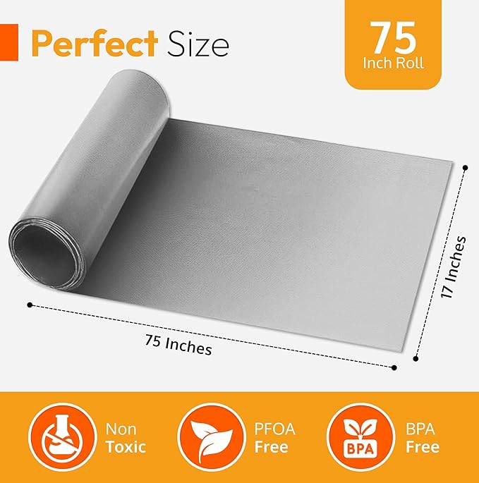 Silver Teflon Liner Roll for Ovens, Stovetops & Grills (75” x 17”) - Cut to Custom Fit - Versatile Non-Stick Teflon Mat, Can Use As Oven Liner, Grill Mat, Stovetop Cover, Baking Sheet, etc.