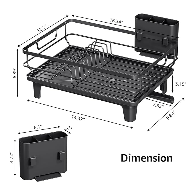 Dish Drying Rack for Kitchen Counter, Space-Saving Dish Rack, Multifunctional Dish Drainer Rack, Sink Kitchen Dishes Strainer, Dryer Rack with Drain Board, and Cutlery Holder,Small Size Black