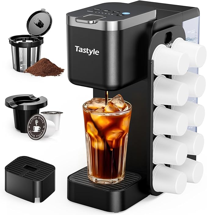 Hot & Iced Coffee Maker with Magnetic K-Pod Organizer (Pods Not Included), Stores 10 Pods, 4-5 Cups Coffee Maker & Single-serve Brewer for K Cup & Grounds, 40oz Removable Water Tank, Black