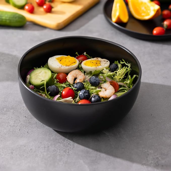 AmorArc Stoneware Cereal Bowls for Kitchen, 28oz Large Ceramic Soup Bowls Set of 4 for Meal, Oven, Microwave&Dishwasher safe Kitchen Bowls with Wavy Rim, Matte Black