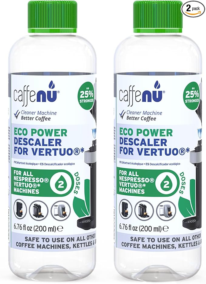 Nespresso Compatible Descaling Kit. 2 Bottles of Vertuo Descaler Solution. Removes Limescale For Hotter Coffee. 4 Uses Descaler For Nespresso Vertuo Coffee Machines.