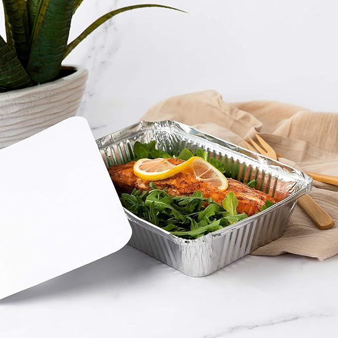 Aluminum Pans Take Out Containers with Lids (50 Pack) 2 Lb Disposable Aluminum Foil Oblong Pans with Cardboard Covers - To Go Food Storage Containers for Baking, Meal Prep, Takeout and Freezer