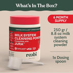 Roobi Compatible Milk System Cleaning Powder for Jura. Specially formulated for Jura Automatic Espresso Coffee Machines. 100% Vegan, Carbon Neutral.