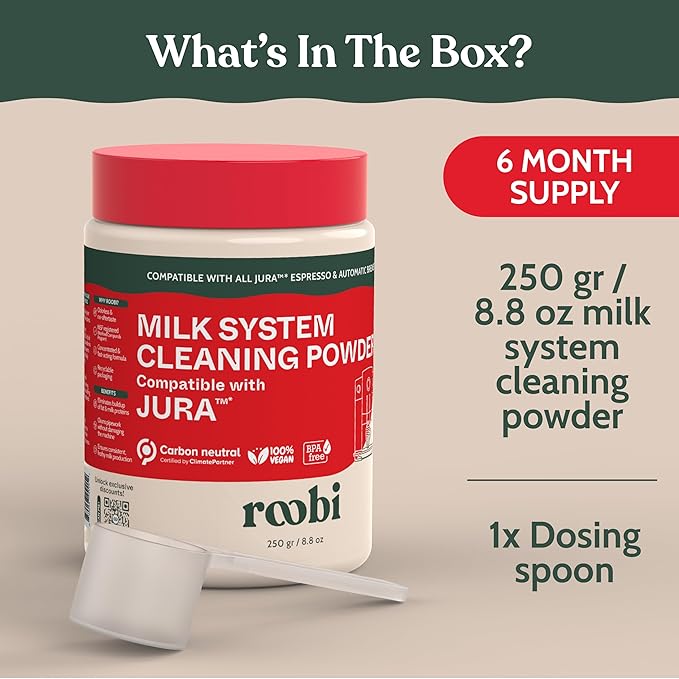Roobi Compatible Milk System Cleaning Powder for Jura. Specially formulated for Jura Automatic Espresso Coffee Machines. 100% Vegan, Carbon Neutral.
