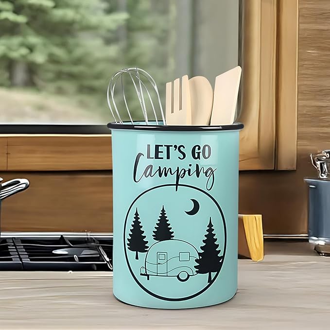 Young's Inc Moroccan Tile Design Tool Holder with Wood Kitchen Tools, Ceramic Utensil Holder for Kitchen Counter, Cooking Spoon & Spatula Holder for Counter with Utensils, 6-inch Height