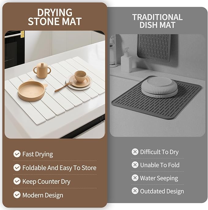 24" x 16" Large Stone Drying Mat for Kitchen Counter , Quick Absorbent Diatomaceous Earth Dish Drying Mat , Rollable Stone Drying Mat for Kitchen Dishes Bottles Cups , Match any Countertop