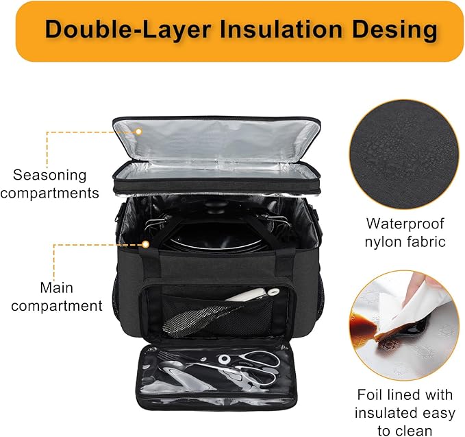 Slow Cooker Carrying Bag, Double Layer Insulated Design Slow Cooker Carrier with Removable Hard Liner and Pot Lid Fastener Fit for 6-8 Quart Crock Pot, Black