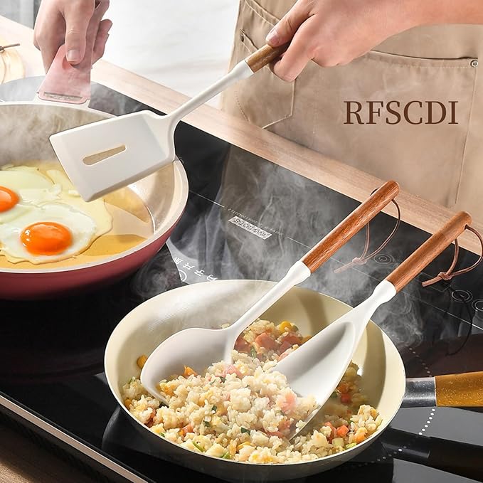 White Silicone Cooking Utensils Set, Kitchen Utensils Set 7 Pcs for cooking, Non-Toxic Spatula Set with Heat Resistant Wood Handles for Nonstick Cookware, (Cream White)
