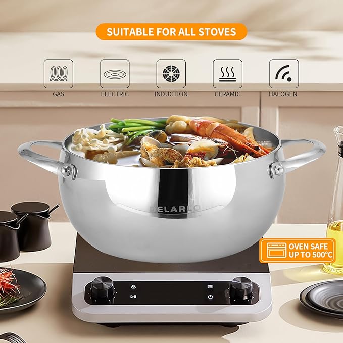 DELARLO Tri-Ply Stainless Steel 5 Quart Dutch Oven With Lid,Induction Braiser Pan Rondeau Pot Dishwasher-Safe Compatible With All Cooktops Up to 500℉