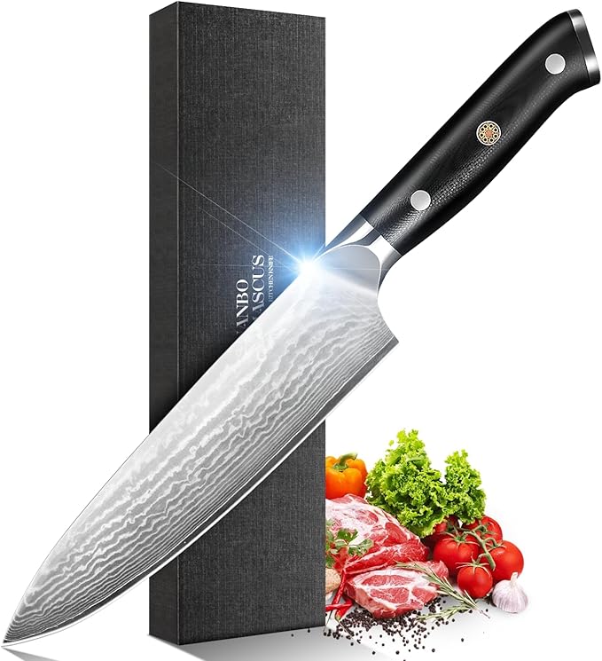 Damascus Chef Knife, Professional Japanese Chef Knife 8 Inch, Kitchen Knife with VG-10 Steel Core and Full Tang G10 Handle, Gift Box