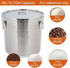 DYNAMI 12.7Gal 304 Stainless Steel Rice Storage Container,Extra Large Food Grade Canister,40-90Lbs Sealed Rice Bucket with Airtight Lid and Locking Buckle,for Rice, Flour, Grain (48L)