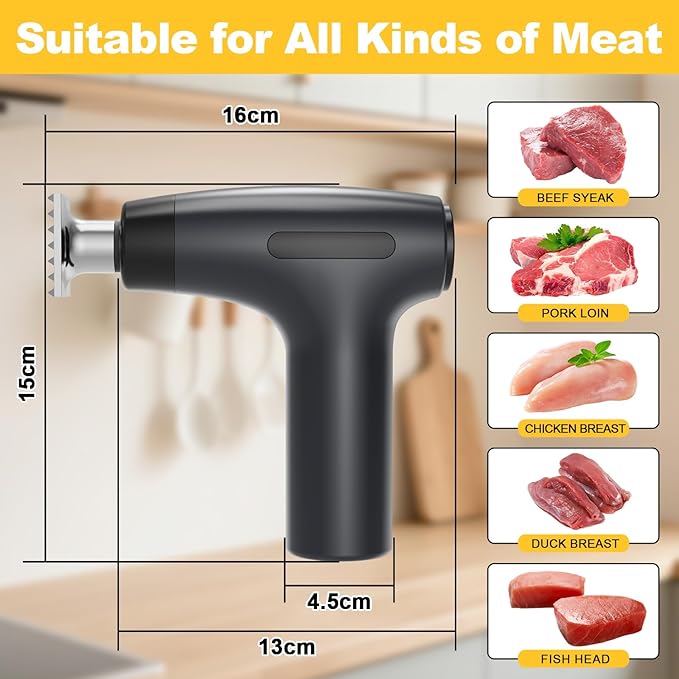Electric Meat Tenderizer Tool - Meat Mallet 5 Adjustable Speeds, Auto Pressure Sensing, Stainless Steel Detachable Head, 1200mAh Battery for Beef Steak Chicken Pork Kitchen Use