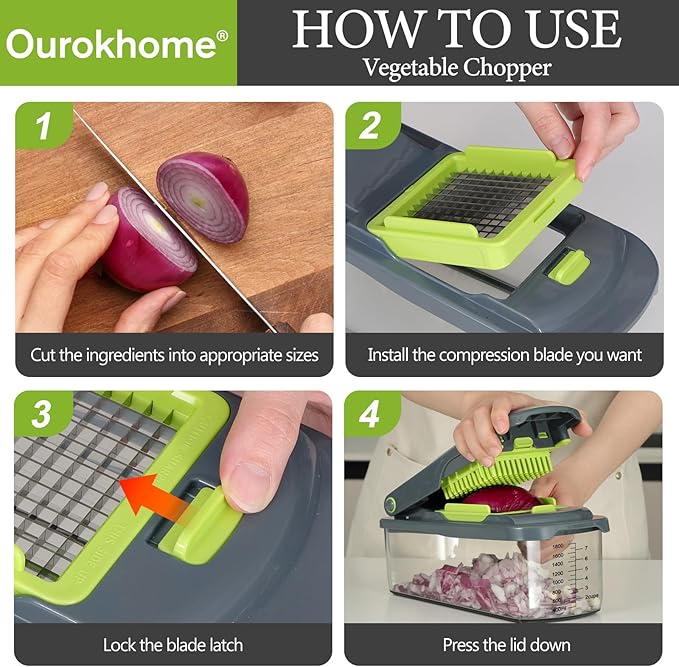 Ourokhome Vegetable Chopper Cutter with Container, Manual Hand Food Veggie Dicer with 2 Chopping Blades for Potato Strips, Onion Cubers, Carrot Sticks, Essential Kitchen Gadgets (2 in 1, Gray)