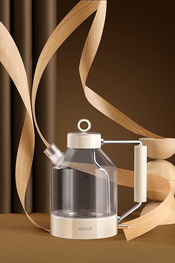 Electric Kettle, ASCOT Glass Electric Tea Kettle 1.5L 1500W Retro Tea Heater & Hot Water Boiler, No Plastic, BPA-Free, Cordless, with Auto Shut-Off and Boil-Dry Protection (Creme)
