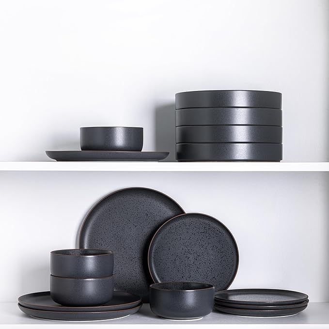 LERATIO Stoneware Dinnerware Sets for 4,Handcarft Ceramic Plates and Bowls Sets,Chip and Scratch Resistant Dishes, Dishwasher & Microwave Safe, Oven safe,Reactive Glaze-Speckled Ashen