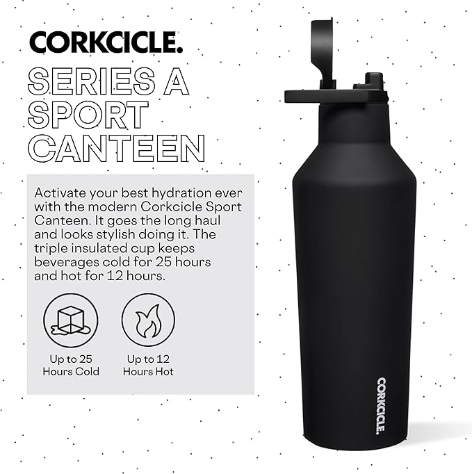 Corkcicle Sport Canteen Insulated Tumbler, Black, 32 oz – Reusable Water Bottle Keeps Beverages Cold for 25 Hours & Hot 12 Hours – Cupholder Friendly Tumbler with Screw-On Cap