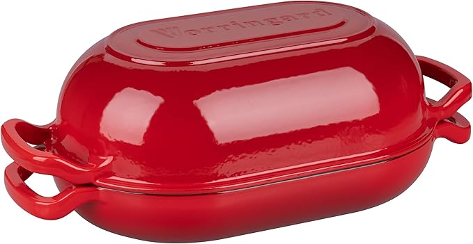 Enameled Cast Iron Sourdough Bread Oven, Dutch Oven, Loaf Cast Iron Bread Pan for Homemade Bread Baking, Meatloaf Pan with Lid, 5QT, Red