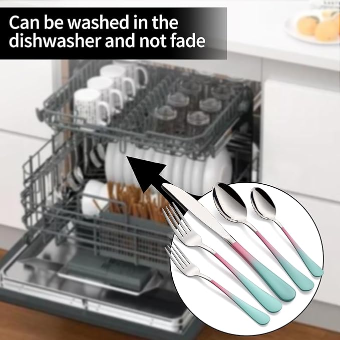 20-Pieces color Silverware Sets for 4,Pink and Green Handle Stainless Steel Cutlery Set, Include Forks Spoons and Knives Set, Dishwasher Safe Utensil Sets for Home Restaurant