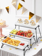Yedio 3 Tier Serving Tray Set, 14" White Porcelain Platters with Collapsible Metal Stands, Tiered Serving Stand for Party Food Display, Cupcakes, Desserts, Fruit & Appetizers