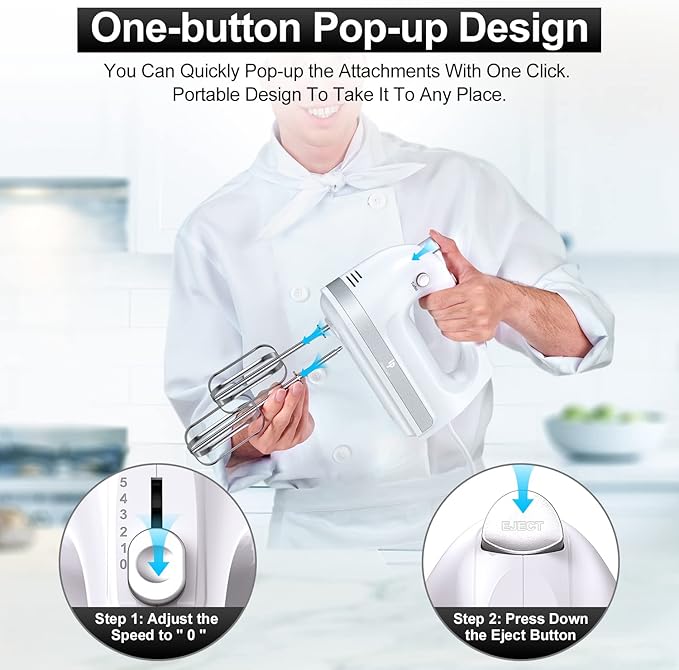 Hand Mixer Electric, 400W Food Mixer 5 Speeds Handheld Blender, 5 Stainless Steel Accessories, Storage Box, Kitchen Blender with Cord for Cream, Cookies, Dishwasher Safe, White