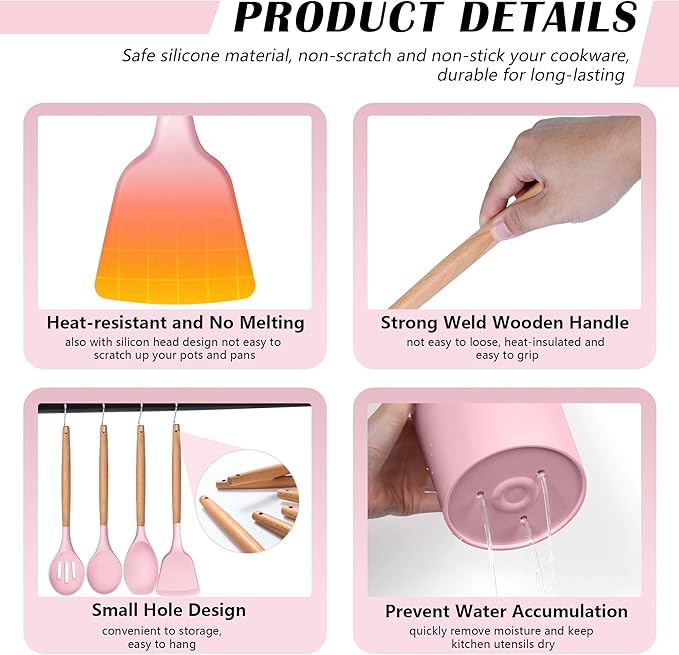 HaWare Kitchen Cooking Utensils Set, 23-Piece Silicone Kitchen Utensils Spatula Set with Holder, Heat Resistant Wooden Handle Kitchen Gadget for Nonstick Cookware, Food-grade Turner Spoon Sets (Pink)