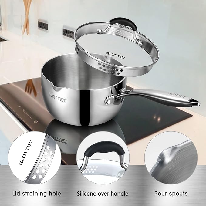 Tri-Ply Whole-Clad Stainless Steel Saucepan with Steamer,2.5 Qt Small Multipurpose Pot with Pour Spout,Strainer Glass Lid, 2 Quart Sauce Pan for Cooking with Stay-cool Handle.