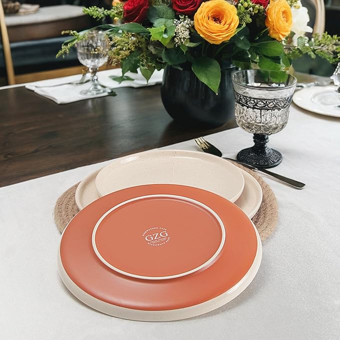 GZG Ceramic Dinner Plates Set of 4, 10.25 Inch Speckled Stoneware Plates with Clay-Tone Base, Large Ceramic Plates for Steak, Salad, Pizza, Microwave Oven Dishwasher Safe