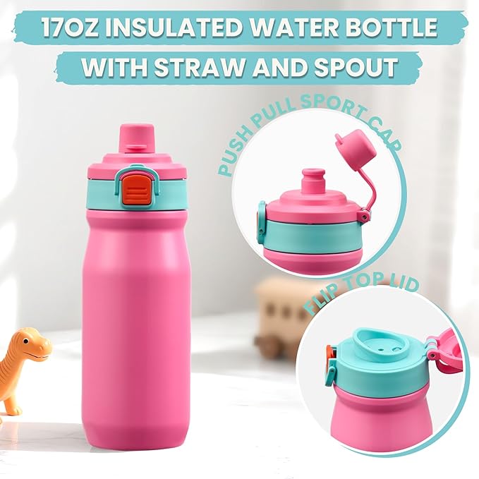 Kids Lunch Bento Box with Thermo Ice Pack Food Container with Insulated Lunch Bag, Insulated Water Bottle with Straw for Girls Boys,Pink