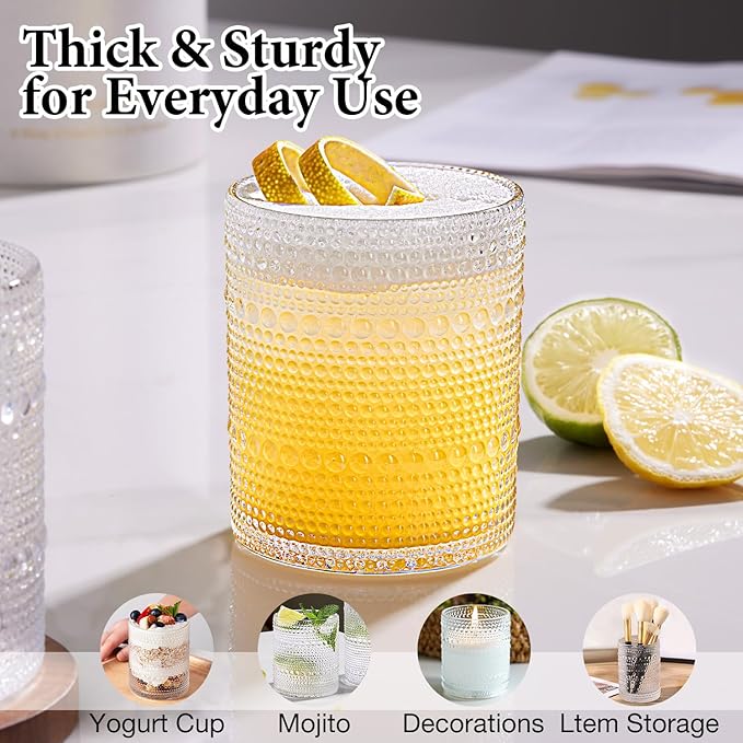Hobnail Drinking Glasses Set of 8, 4pcs 15oz Highball Glasses & 4pcs 12oz Clear Glass Cups,Kitchen Bar Vintage Embossed Glassware Sets for Whiskey,Cocktail,mocktails,Wine, Water & Juice Drinkware