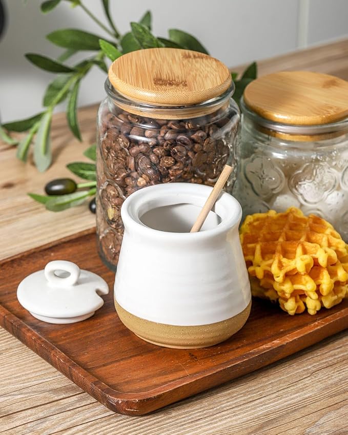 glowworm 12 Ounce Honey Jar with Dipper, Ceramic Honey Container for Home, Kitchen, Farmhouse Housewarming Gift, Dishwasher Safe, White