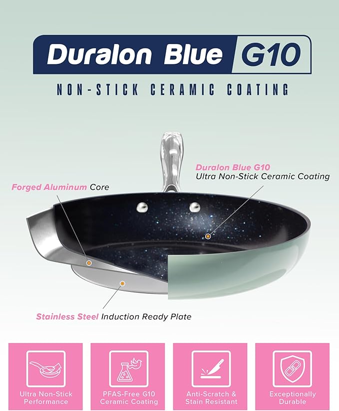 Nuwave Lux 13-Piece Premium Cookware Collection, Healthy G10 Duralon Blue Ceramic Nonstick, Ultra Durable, PFAS-Free, Lightweight & Works on All Cooktops