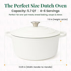 Larder & Vine Enameled Cast Iron 5.7qt Dutch Oven Pot with Lid | Bread Baking | Compatible on All Cooktops & Oven Safe to 500° F | Great for Sourdough Bread | White