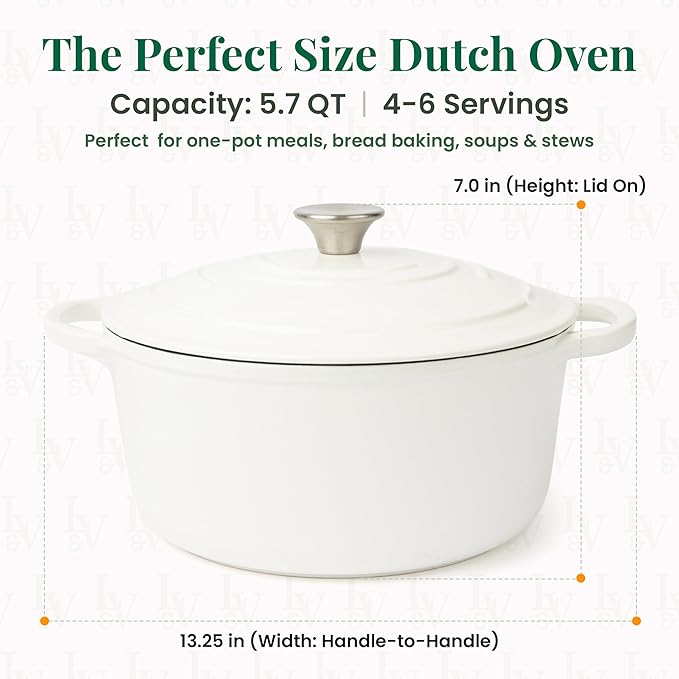 Larder & Vine Enameled Cast Iron 5.7qt Dutch Oven Pot with Lid | Bread Baking | Compatible on All Cooktops & Oven Safe to 500° F | Great for Sourdough Bread | White