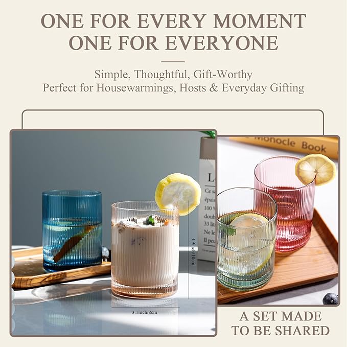 Physkoa Ribbed Drinking Glasses Set of 6 – 13 oz Vintage-Inspired Colorful Glassware – Heavyweight, Durable, Perfect for Water, Cocktails, Coffee, and Everyday Use