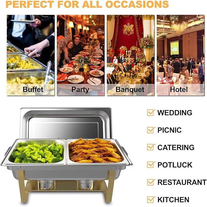 Chafing Dishes for Buffet 4 Pack,Festa Essential 8QT Elegant Gold&Silver Stainless Steel Rectangular Catering Chafers Food Warmer with Full,Half,1/3 Food Pan,Fuel Holder,Foldable Frame For Any Party