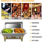 Chafing Dishes for Buffet 4 Pack,Festa Essential 8QT Elegant Gold&Silver Stainless Steel Rectangular Catering Chafers Food Warmer with Full,Half,1/3 Food Pan,Fuel Holder,Foldable Frame For Any Party