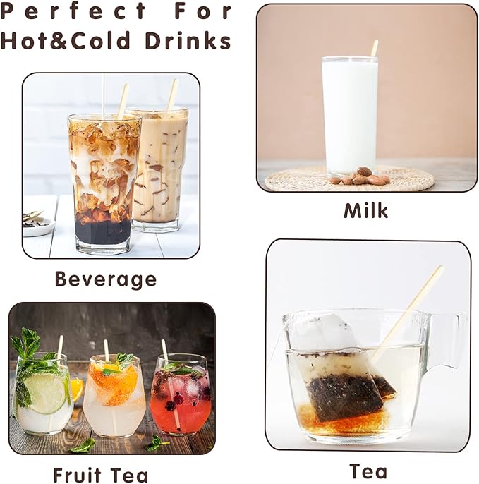 Bamboo Coffee Stirrers Individually Wrapped 500 Count, 7 inch Coffee Stir Sticks - For Hot Drinks and Cocktails, Smooth End, Disposable and Travel-Friendly