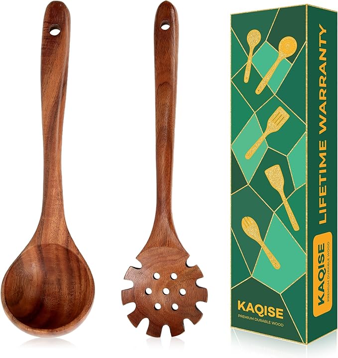 Wooden Spoons for Cooking, Teak Wooden Utensil Set, 2Pcs Kitchen Utensils, Large Cooking Spoons for Soup and Pasta Serving Mixing (Ladle & Pasta Scoop Strainer)