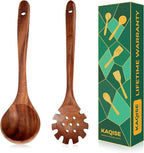 Wooden Spoons for Cooking, Teak Wooden Utensil Set, 2Pcs Kitchen Utensils, Large Cooking Spoons for Soup and Pasta Serving Mixing (Ladle & Pasta Scoop Strainer)