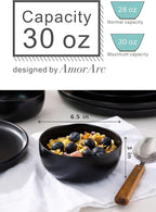 AmorArc Stoneware Cereal Bowls for Kitchen, 28oz Large Ceramic Soup Bowls Set of 6 for Meal, Chip-Resistant Kitchen Bowls with Wavy Rim, Reactive Glaze-Matte Black