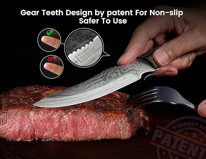 Steak Knives Set of 6 with Drawer Organizer, 4.8 Inch High Carbon Japanese Style Non Serrated Meat Knife with Wood Handle, Damascus Pattern Full Tang Design, Razor Sharp Dinner Knives