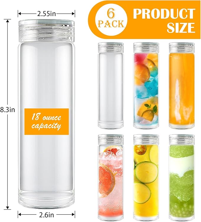 16oz Glass Bottles with Lids,Glass Bottles with lids,glass water bottles.Suitable for beverage storage, juicing, drinking water, tea, leak-proof, reusable, borosilicate 6pack