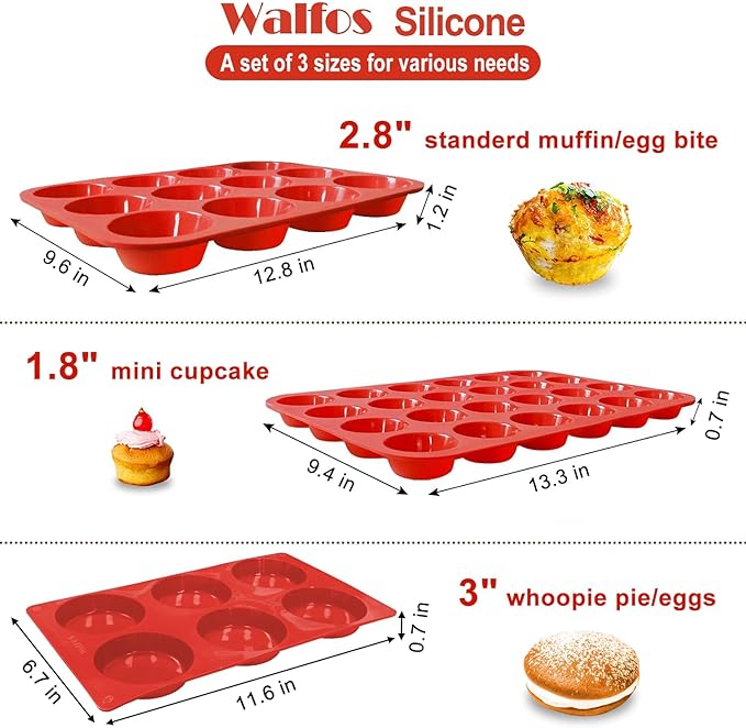 Walfos Silicone Muffin Pan Set of 3, Including Regular 12 Cups Muffin Pans, 24 Cups Mini Muffin Pan & 6 Cups Muffin Top Pan, Non-Stick Cupcake Pan, Easy to Pop Out & Dishwasher Safe